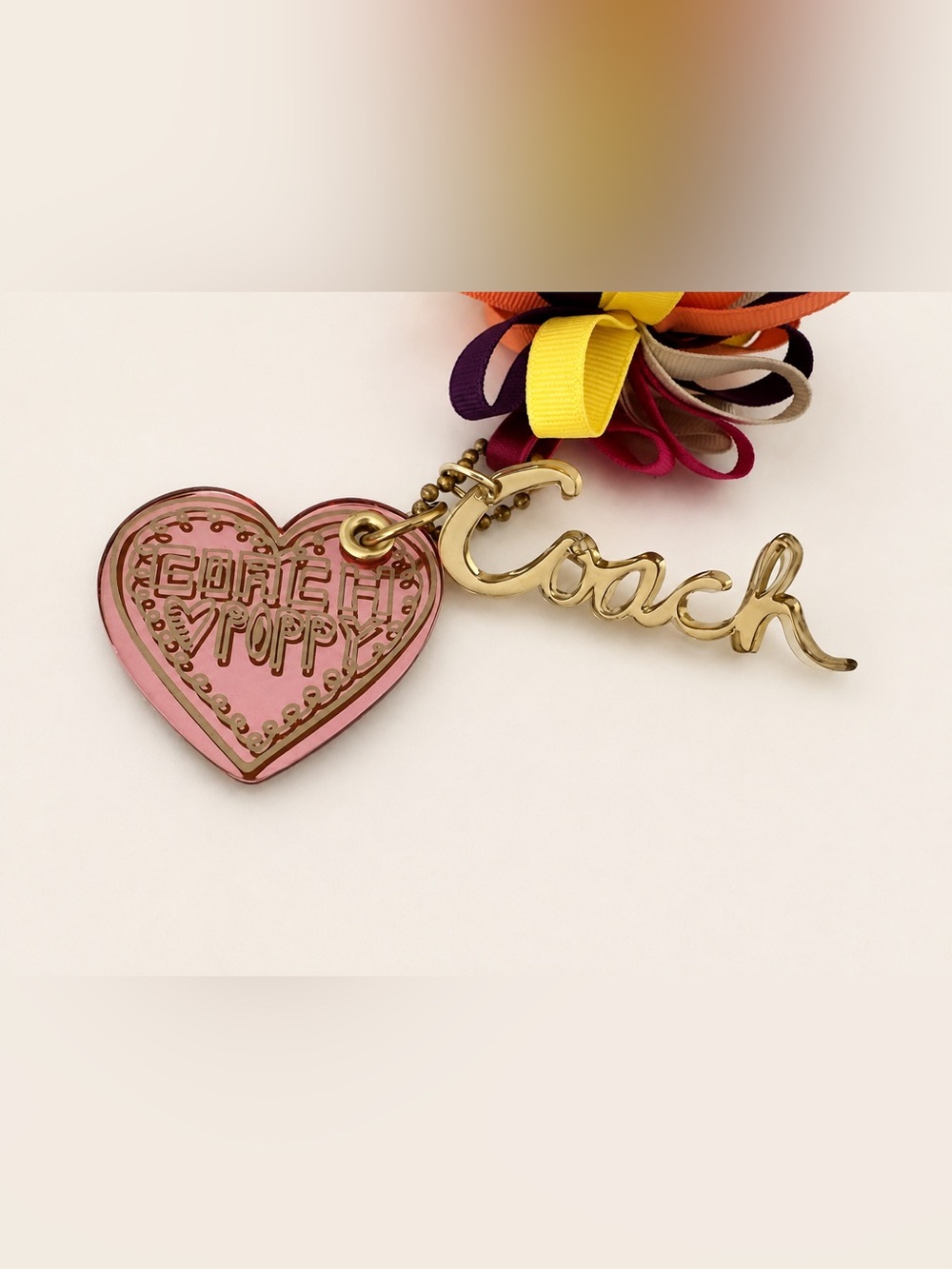 Coach Poppy Heart Ribbon Pom Bag Charm Keychain - Picture 5 of 8